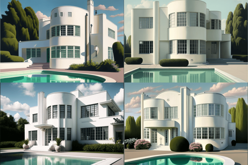 art deco house painted white large windows swimming pool 1