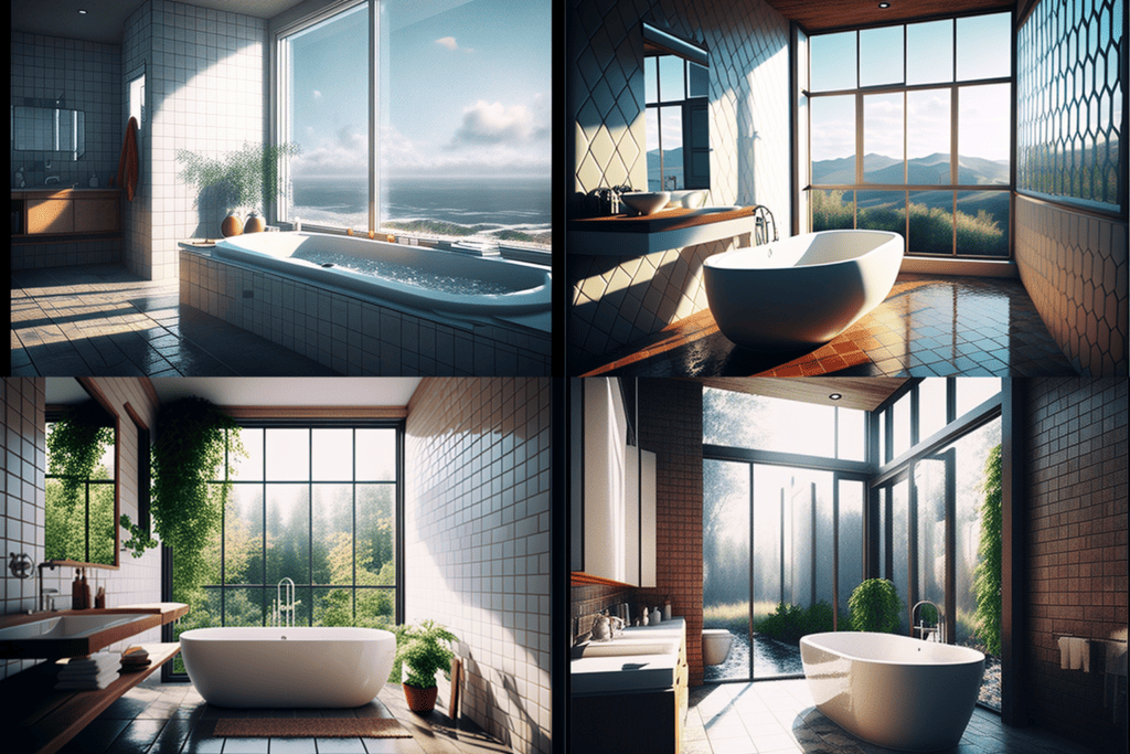 bathroom tiled bathtub large windows modern
