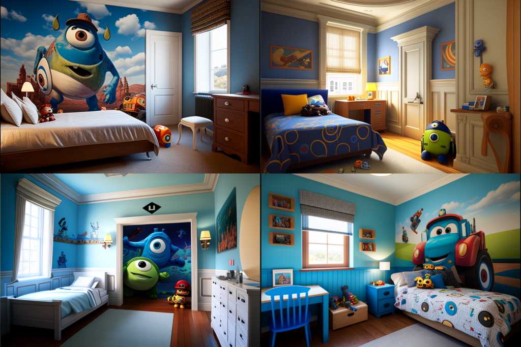 bedroom mural of pixar character daylight wainscoting