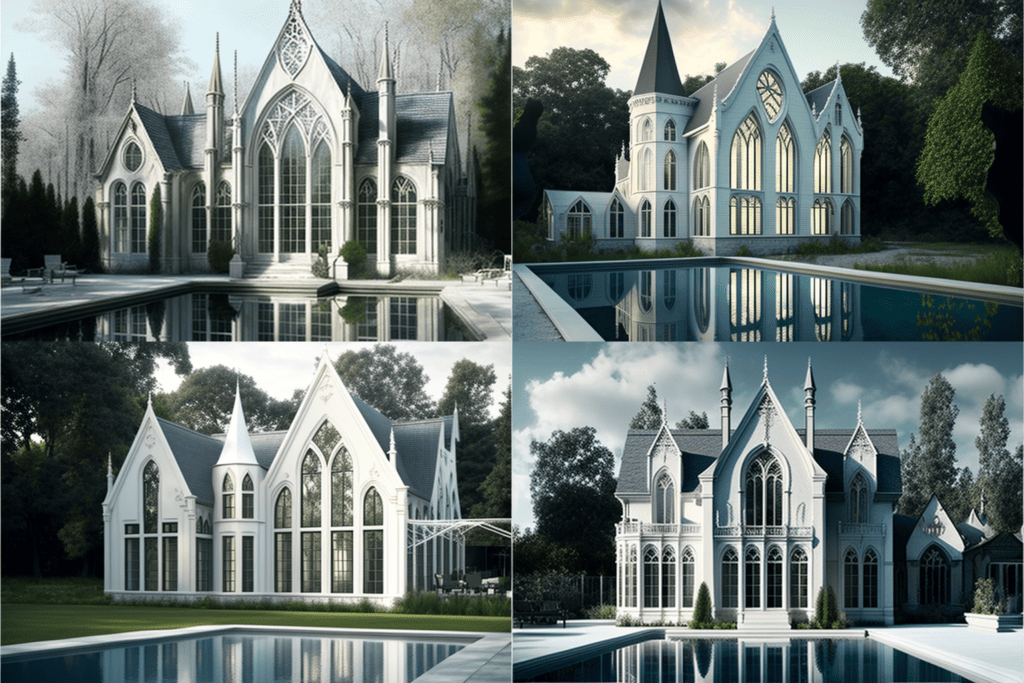 gothic revival house painted white large windows swimming pool seed 1