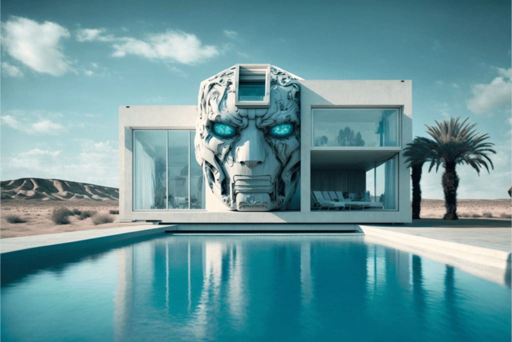 house with movie terminator style painted white large windows swimming pool