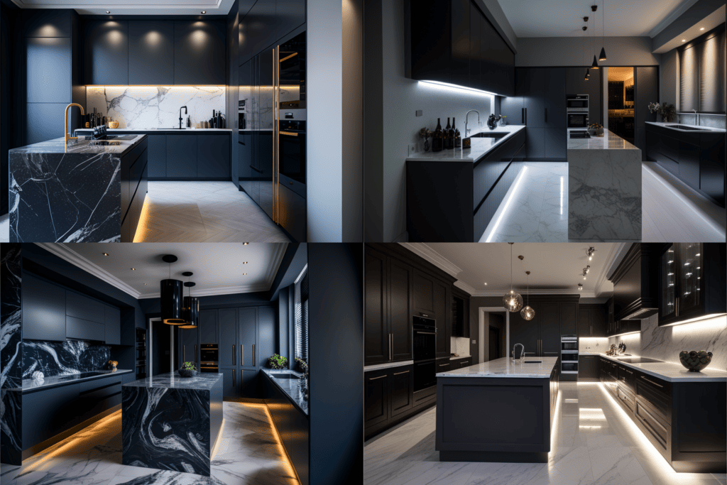 kitchen marble floor dark grey cabinets white kitchen modern led lighting