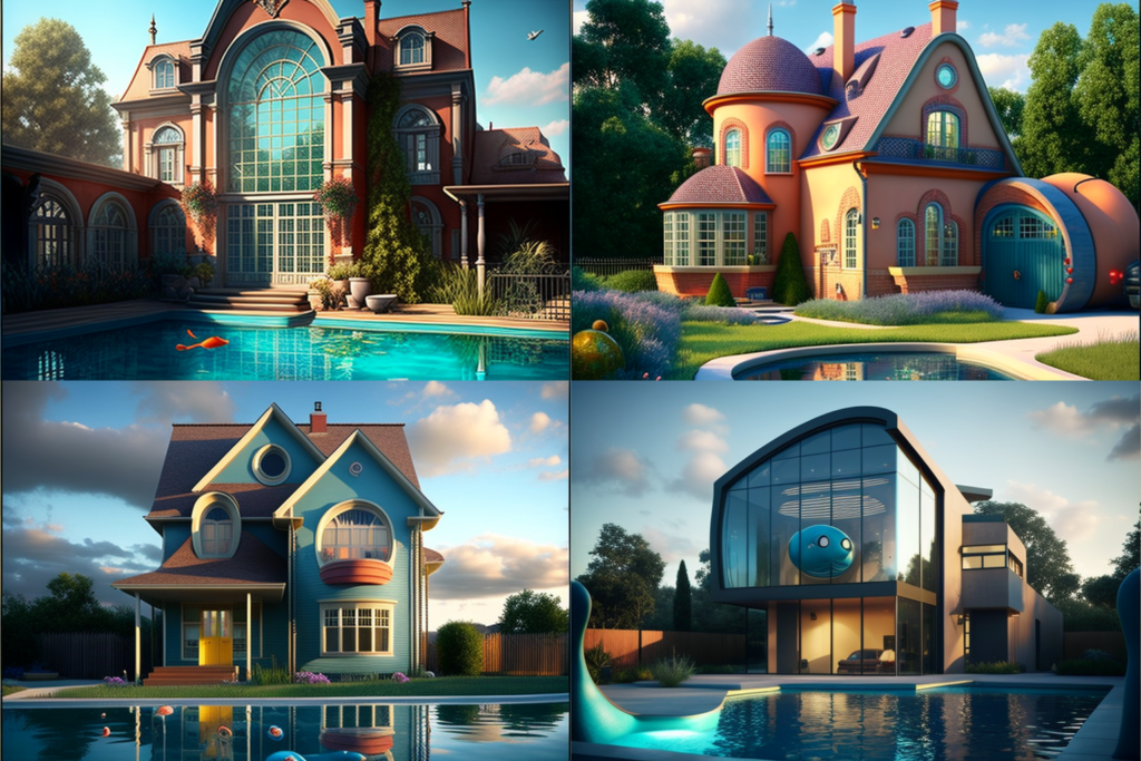 pixar style house large windows swimming pool