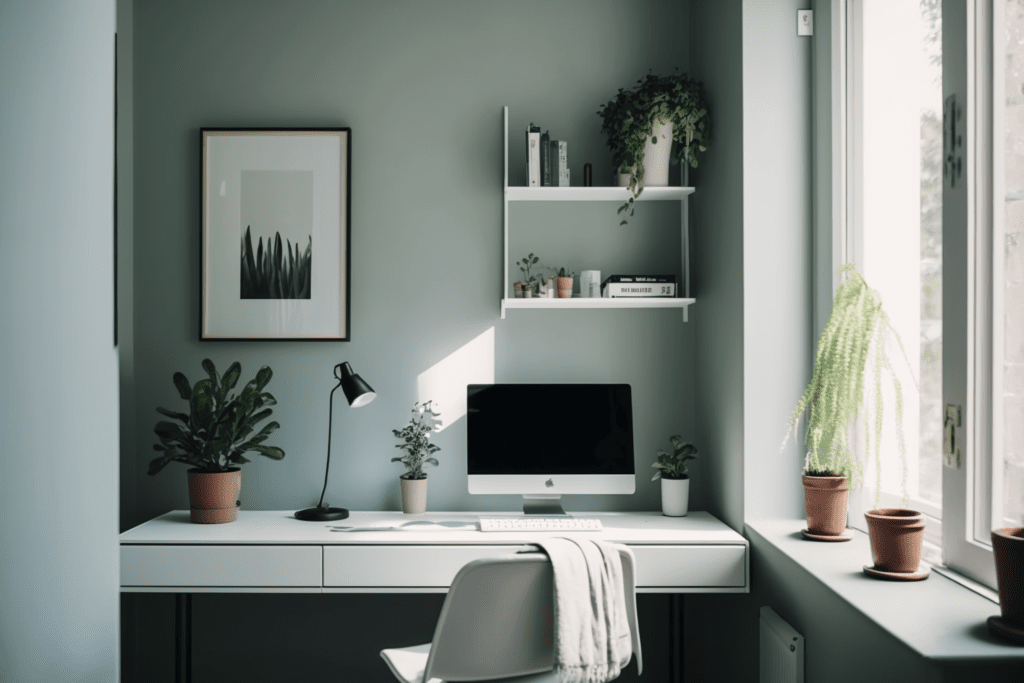 Gocolorize A minimalist home office with pale green walls