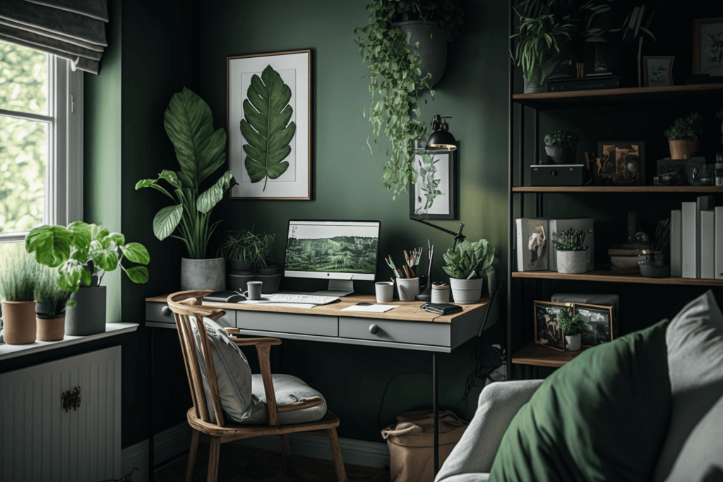 gocolorize Home office with green walls and a modern desk
