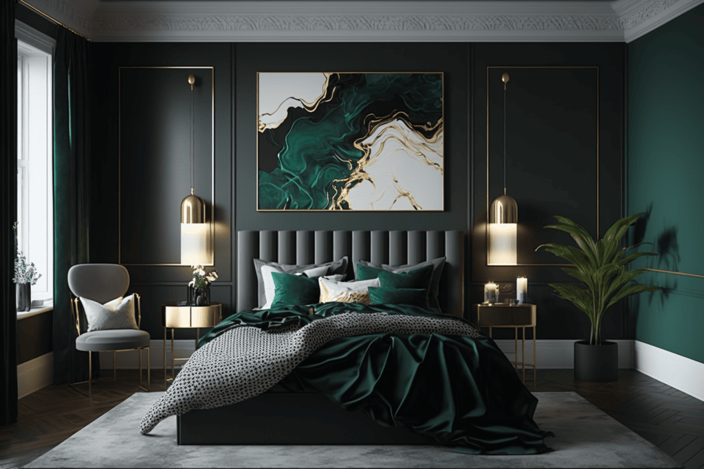 gocolorize bedroom with black dark green and gold as color theme