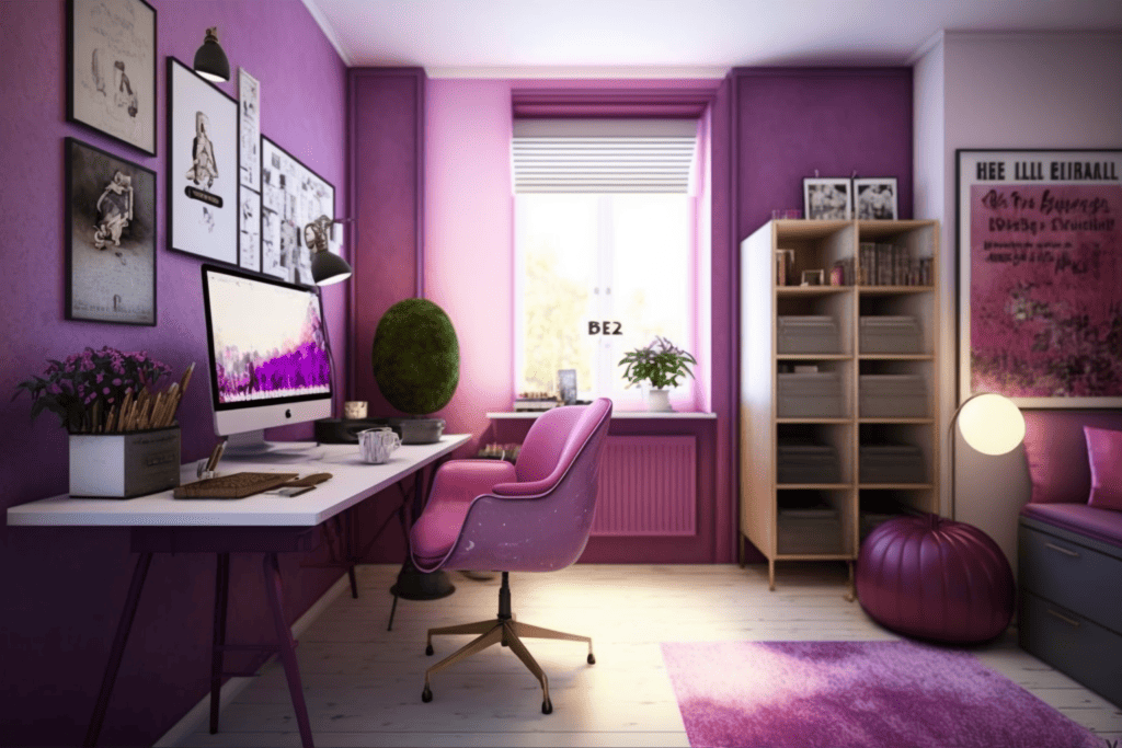 gocolorize home office pink and purple color scheme elle 9a5a39a4 6f4b 4b85 8254 9733d9f9368e
