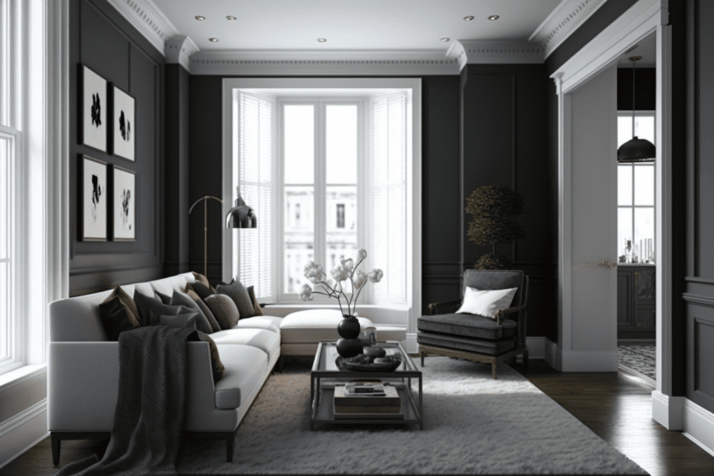 gocolorize modern living room white trim dark grey walls beige in 3f35c006 372a 43de ba40 1b015b92e797