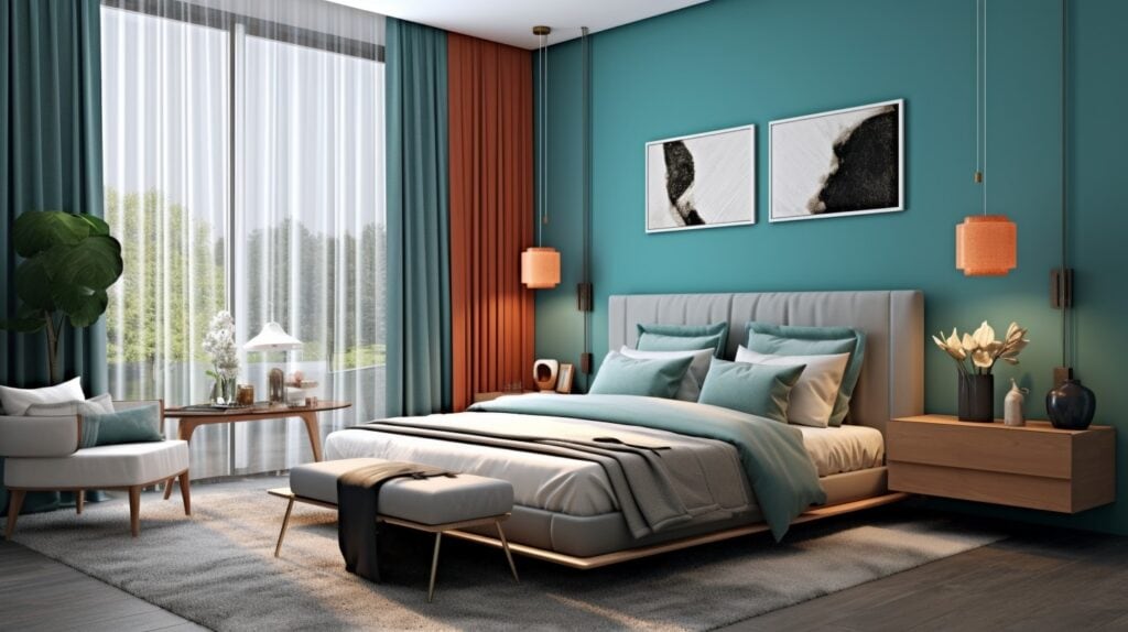 iglo ola A bedroom with teal color theme. modern furniture Take 1572c62b bfd4 4ecc 99a7 859a8b378874
