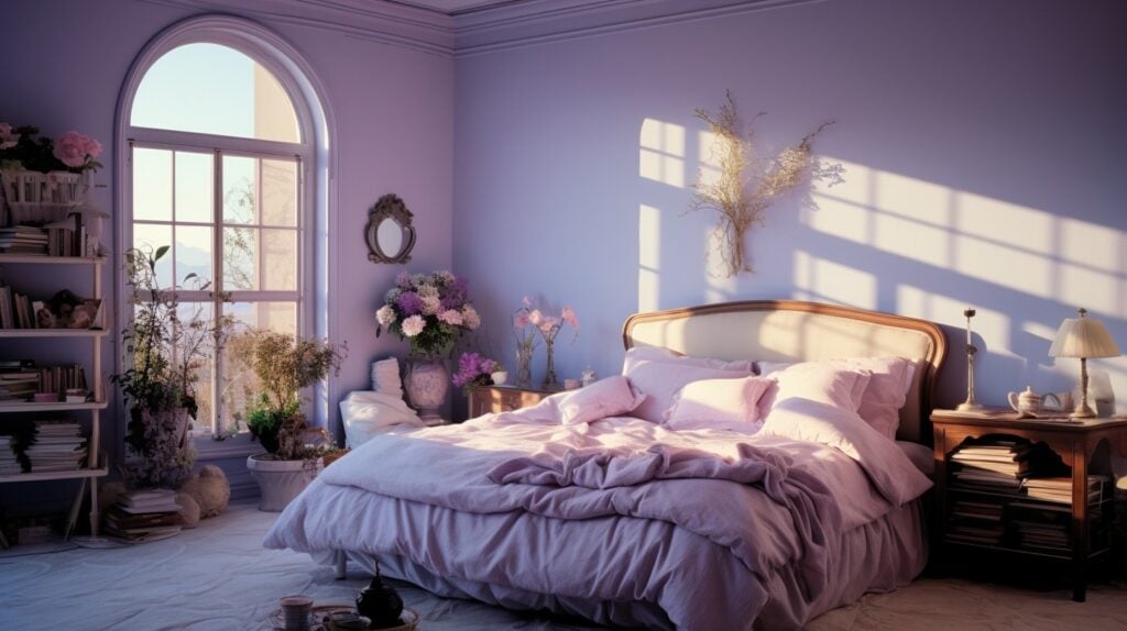 iglo ola a bedroom with lavender colored walls taken like its f d3a7bc89 db12 46cf b3cb 644c12ebe50f
