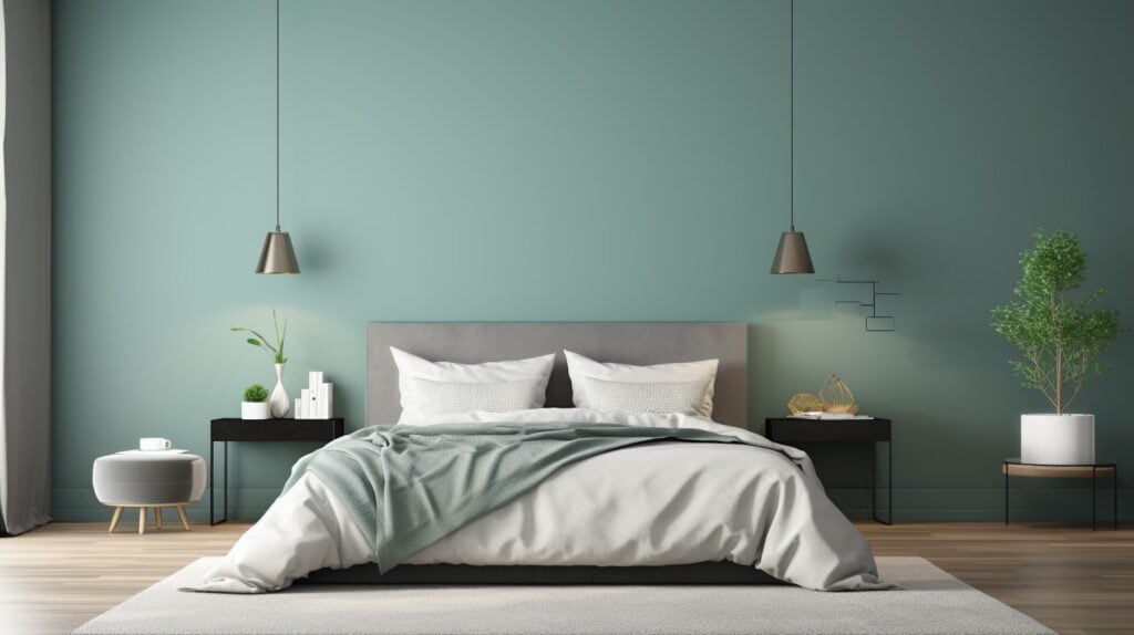 iglo ola a modern bedroom with Verdigris green colored walls ta 98ff57aa ade0 4b12 887b 33b0d40ba667