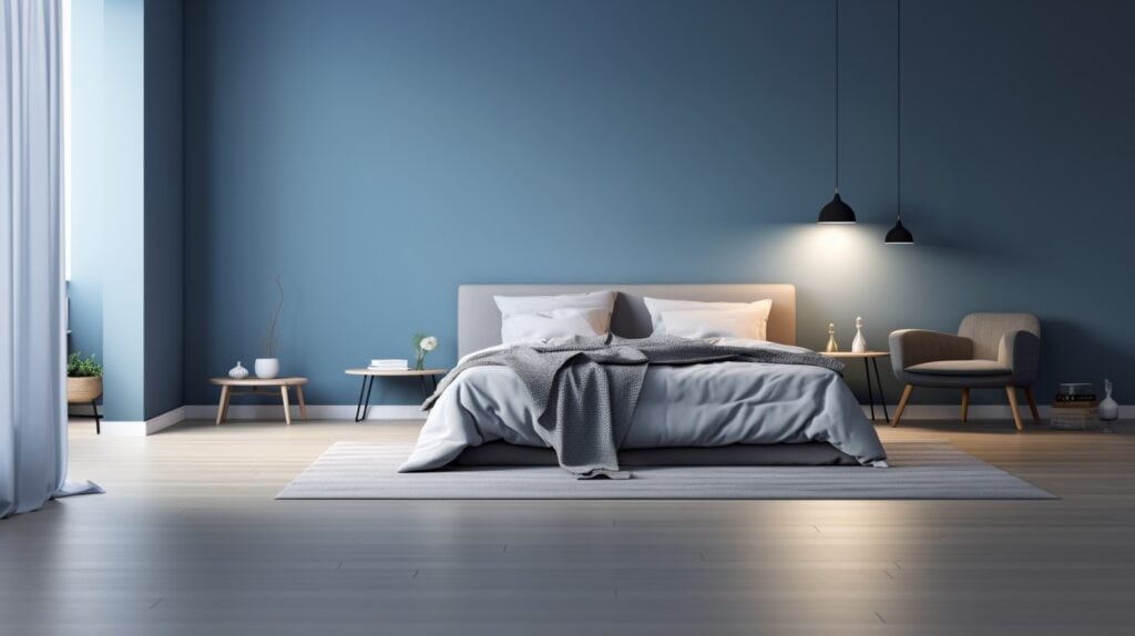 iglo ola a modern bedroom with lightsteelblue colored walls tak 8bfc18af 597f 4d99 8d00 a7c821b79ffb