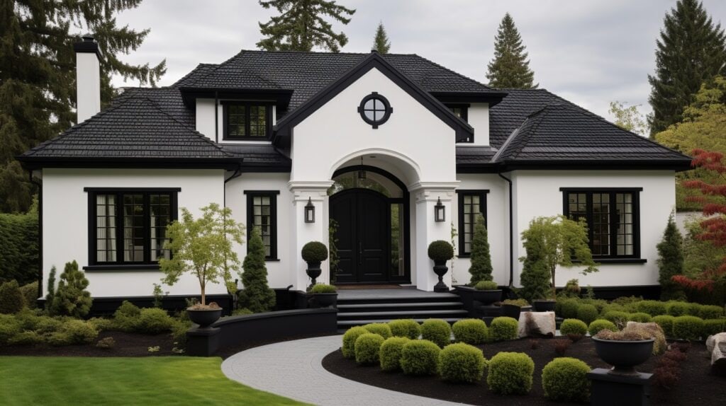 modern home with white stucco and black trim